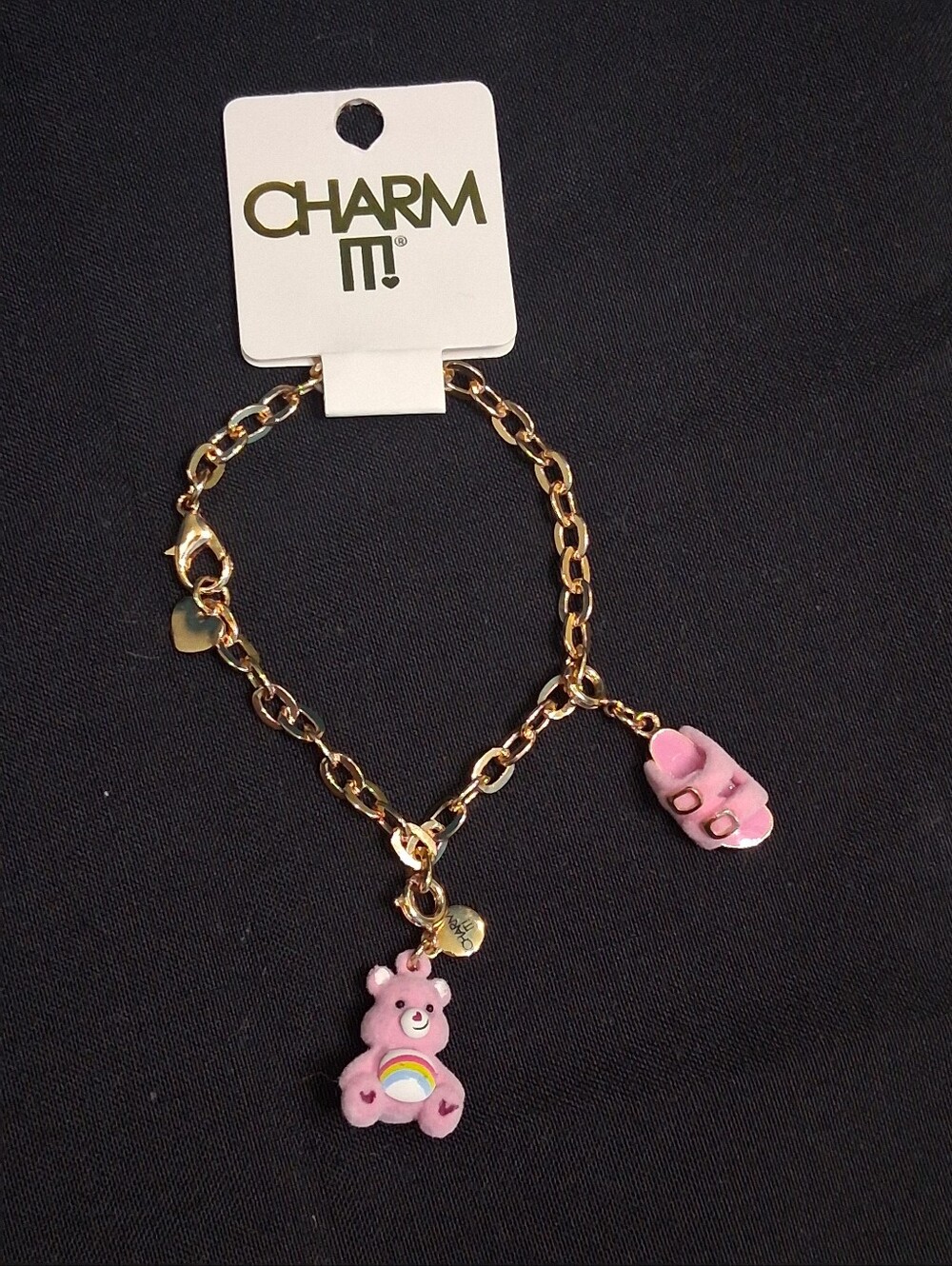 Charm It! Gold-tone Bracelet with Pink Care Bear & Flip Flop Charms, Add More!